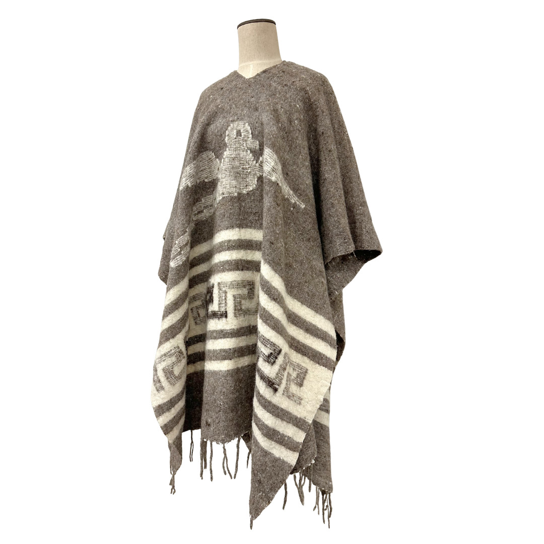 Vintage Southwest Gray Wool Hooded Poncho Serape w Fringe & Bird Detail