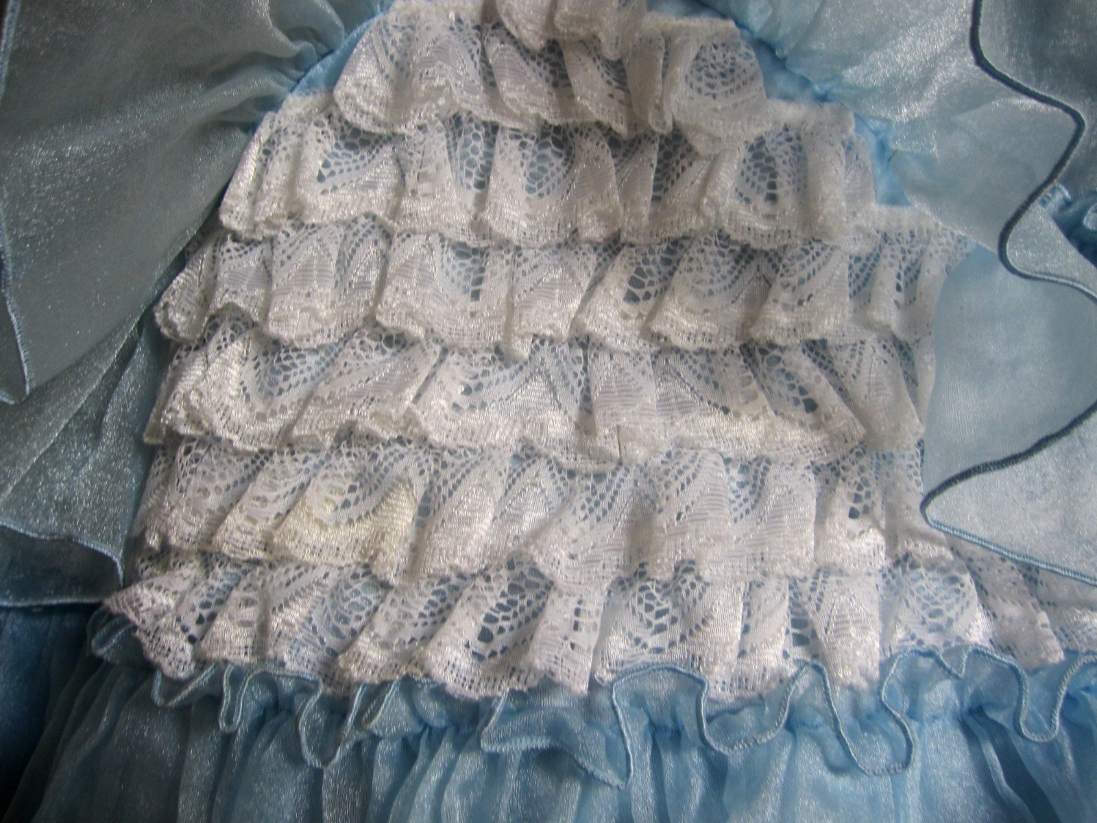 Vtg SQUARE DANCE PRAIRIE DRESS Blue Organza Ruffles Rows of White Lace Sz 12/14
