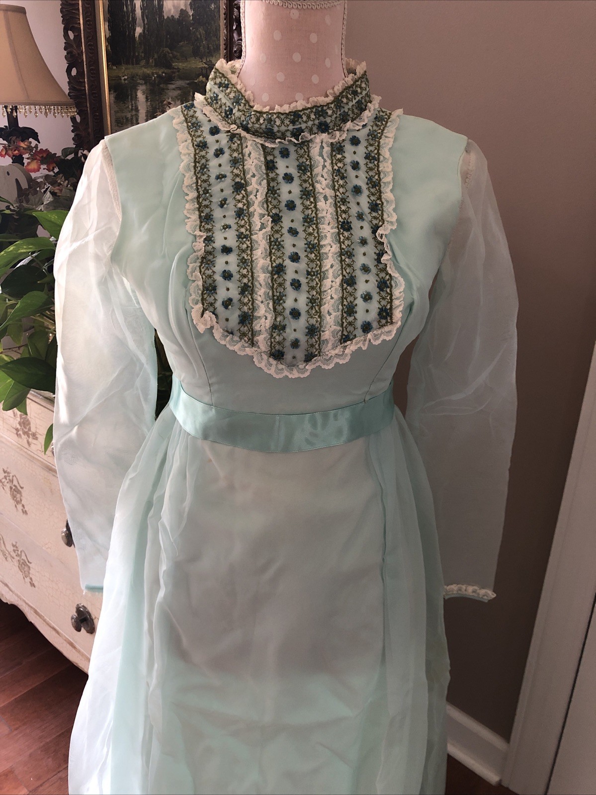 Vintage Dress 60’s Long Formal Wear Theatre Costume Mint Green Size Small 🇺🇸
