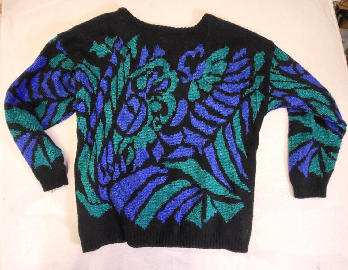 Vintage 80’s Sweater By Rejoice Abstract Design Metallic Purple Green Black 20W