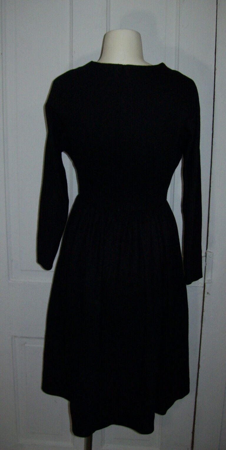 Vintage 1950s Black Long Sleeve Dress, 100% Wool, E.T Jrs CALIFORNIA, small