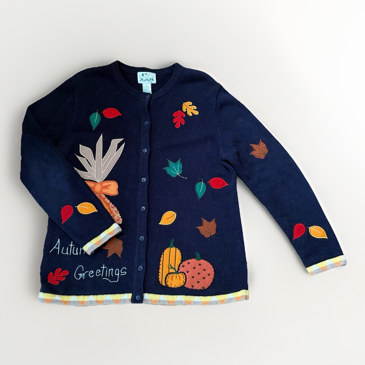 The Quacker Factory Cardigan Sweater Autumn Greetings Navy Blue Ramie Cotton Med