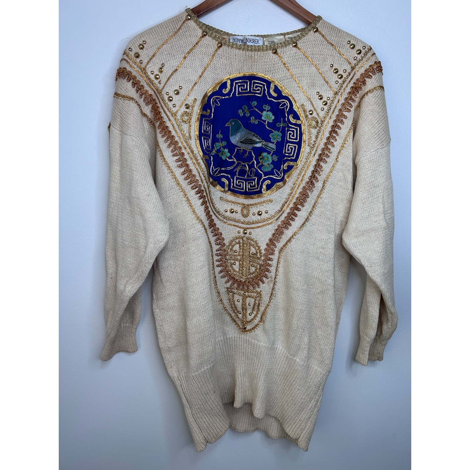 Bonnie Boerer Vintage Bird Embroidered Studded Tassel Sweater Sz M Medallion