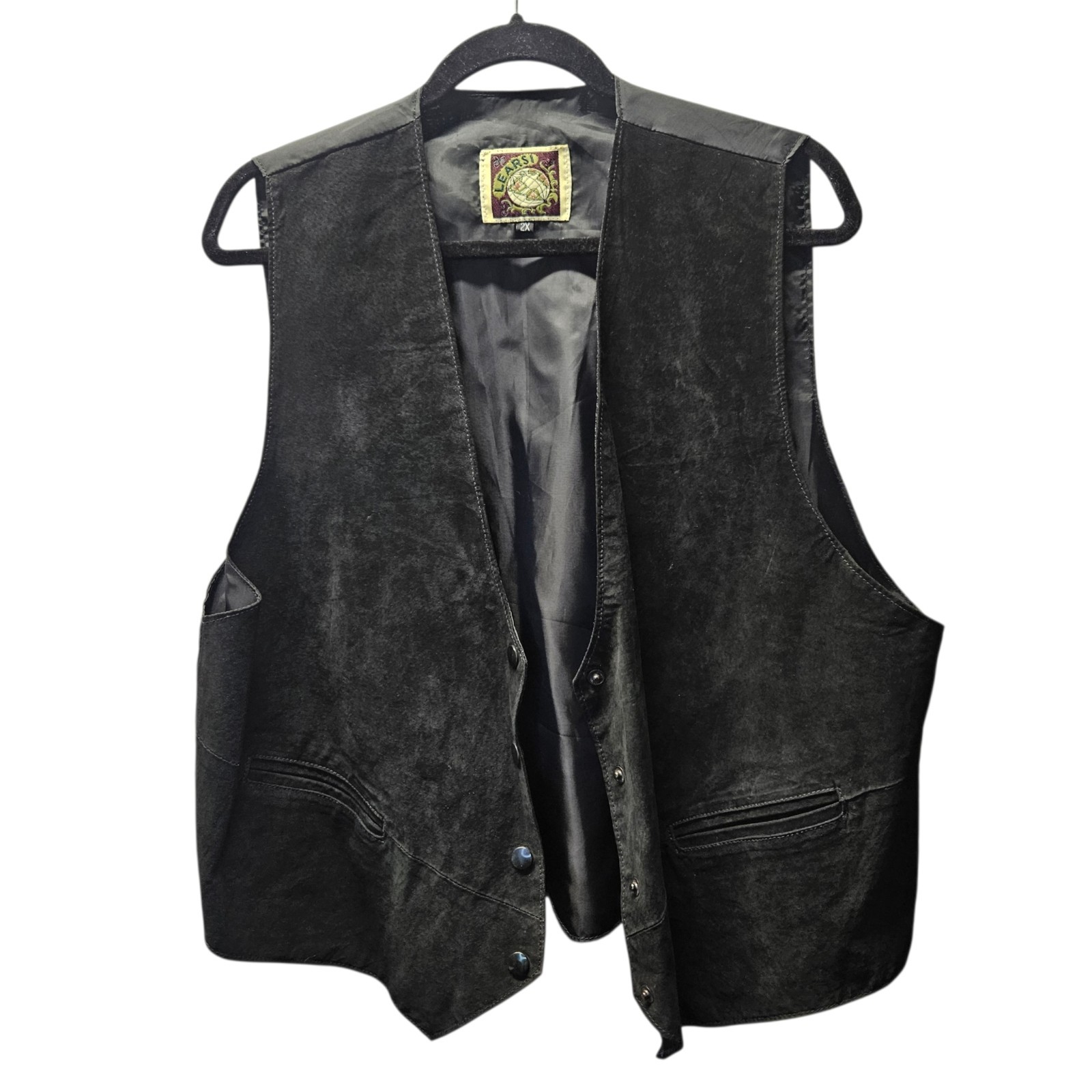 Vintage Learsi Suede Genuine Leather Vest Black Snap Front 2XL Unisex Bohemian