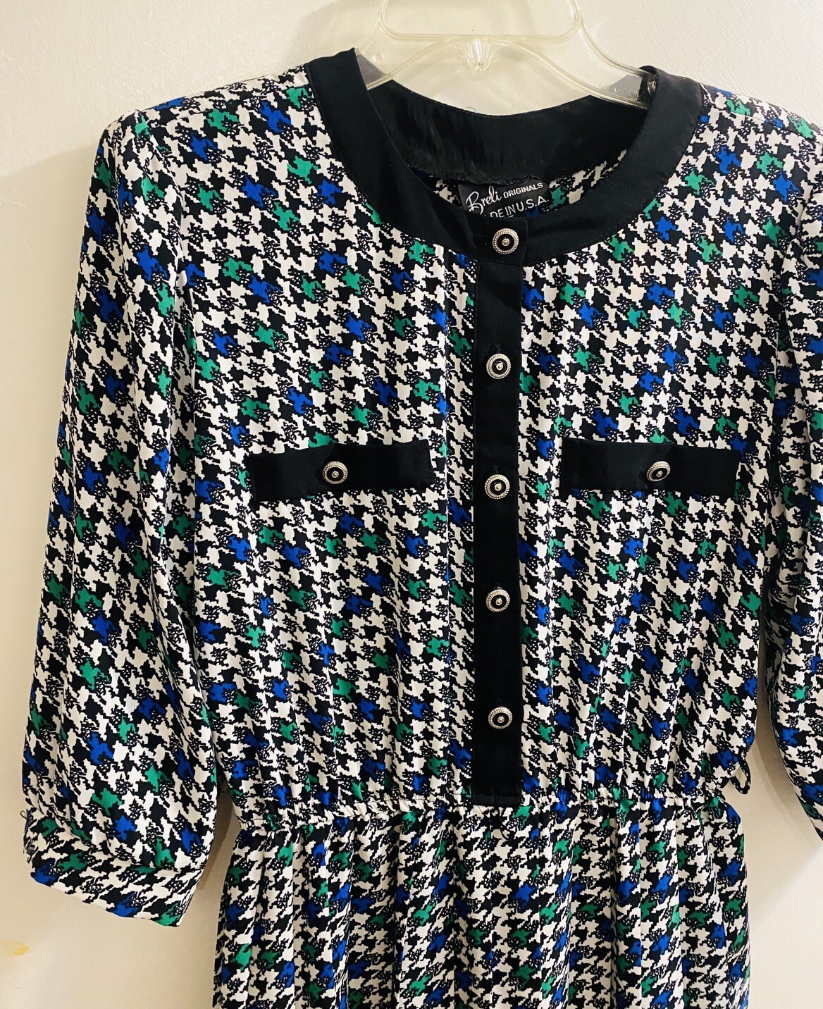Vtg Brelis Blouson Dress Womens 10 Green Black Secretary Padded Puffed *No BELT