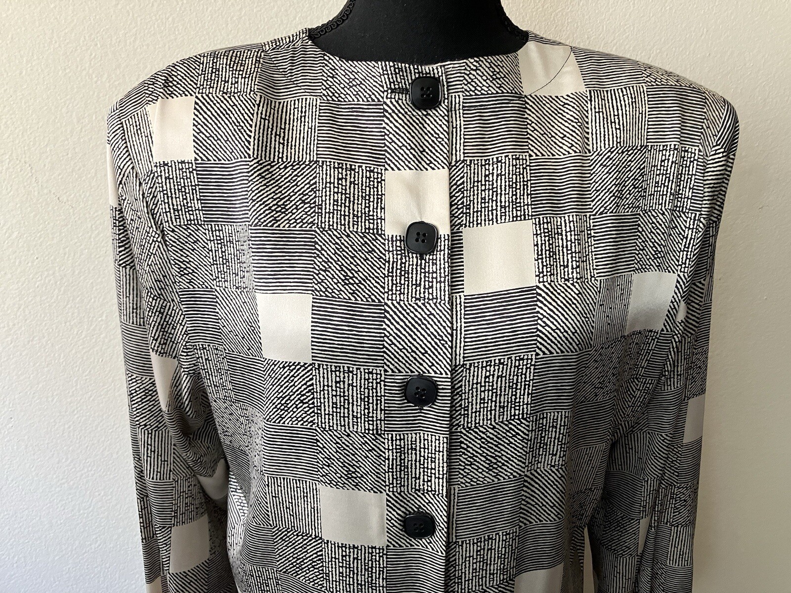 Vintage 80s Kasper Black & White Geometric Print Shift Dress Button Detail Large