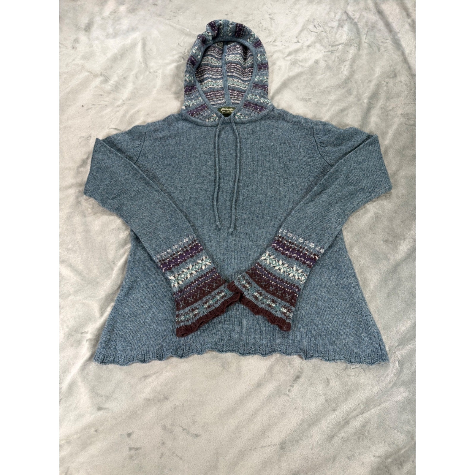 VTG Eddie Bauer Sweater Womens M Blue Lambswool Angora Cashmere Fair Isle Hoodie