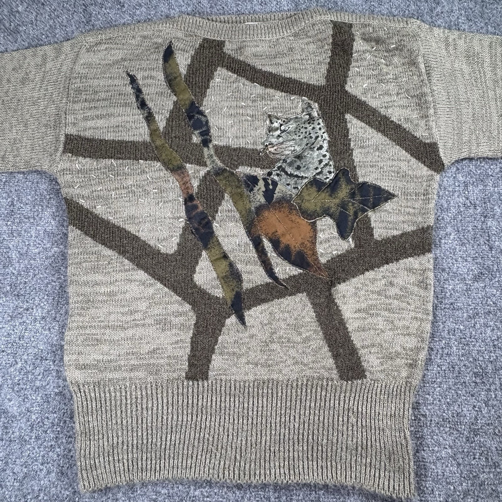 VTG 80s 90s Exotic Leopard Sweater Womens L Applique Novelty Whimsigoth Jungle