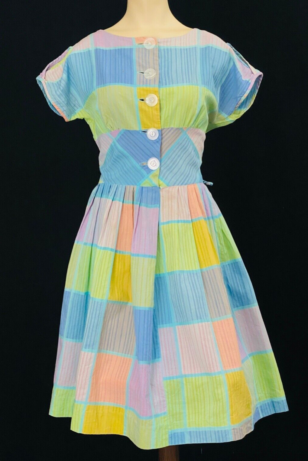 Vintage 1950s pastel dress, pink green Easter plaid spring summer cotton XS S