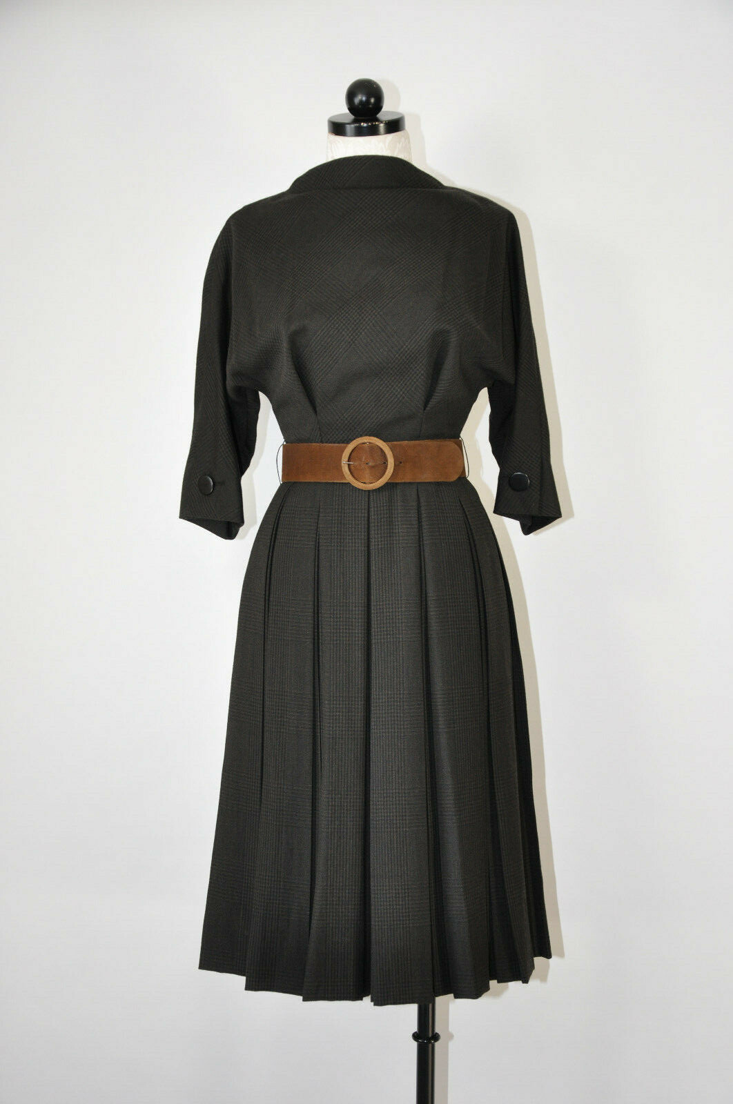 50s Vintage Teal Traina Brown Tartan Plaid Wool Pleated Suede Belt Dress Women S