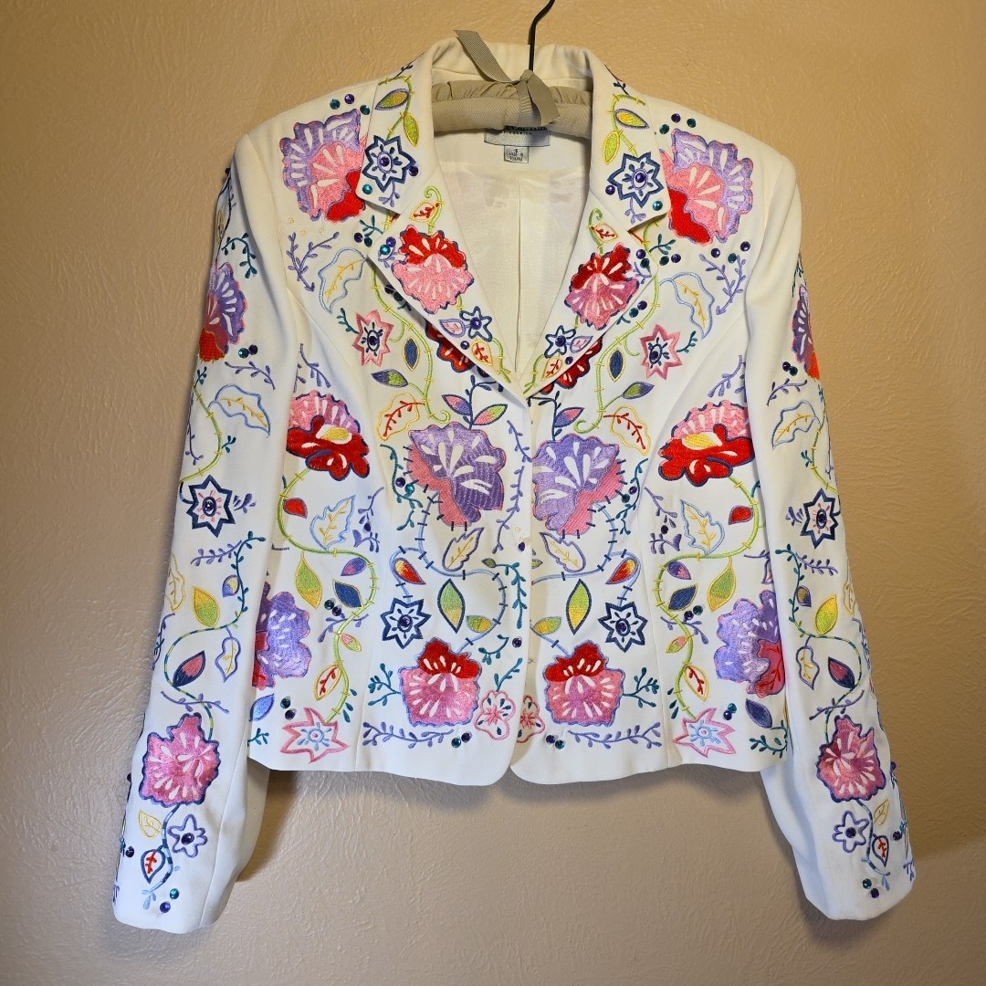 Vtg John Meyer of Norwich Floral Embroidered Jacket Blazer White Sz 16 Romania