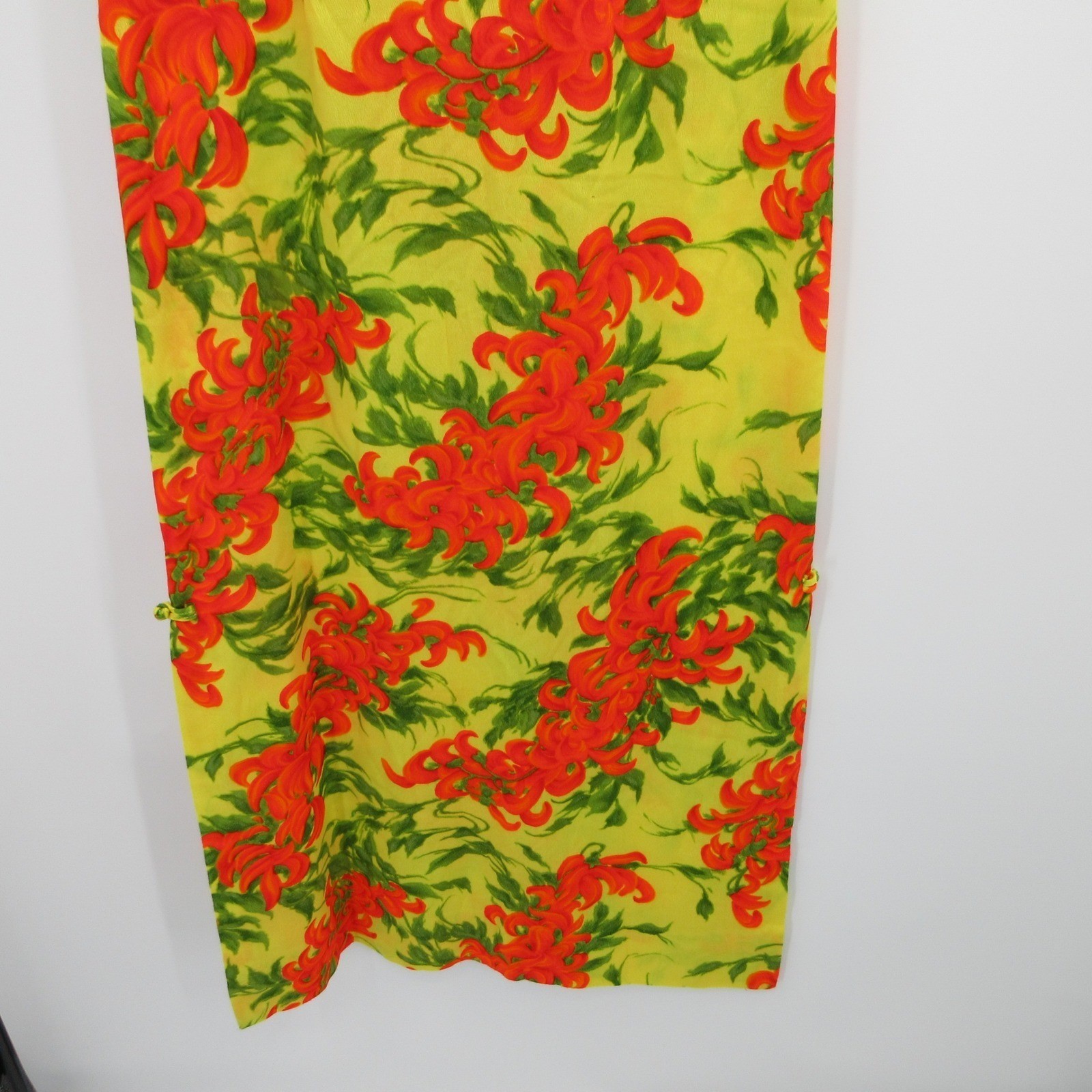 Vintage Andrade Honolulu Cheongsam Maxi Dress Yellow Floral Frog Closure Sz 14