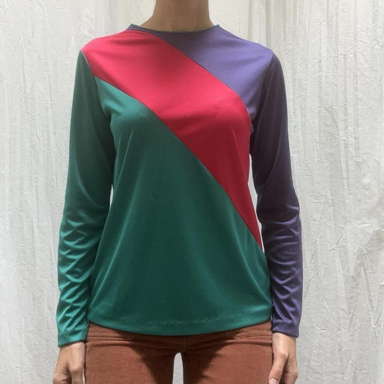 Teal, Red And Purple Colorblock Longsleeve Shirt Vintage 70s Lady Manhattan