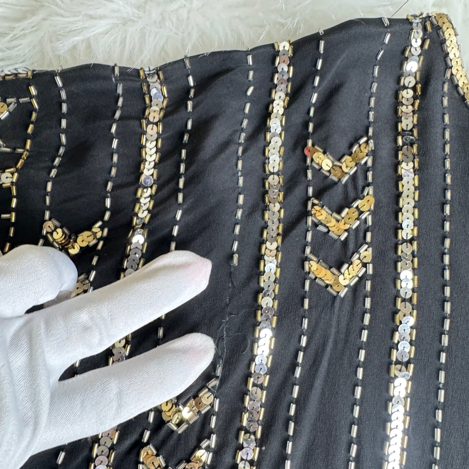 Vintage 80’s Three Flaggs 100% Silk Beaded Sequins Blouse Top Sz Large Black