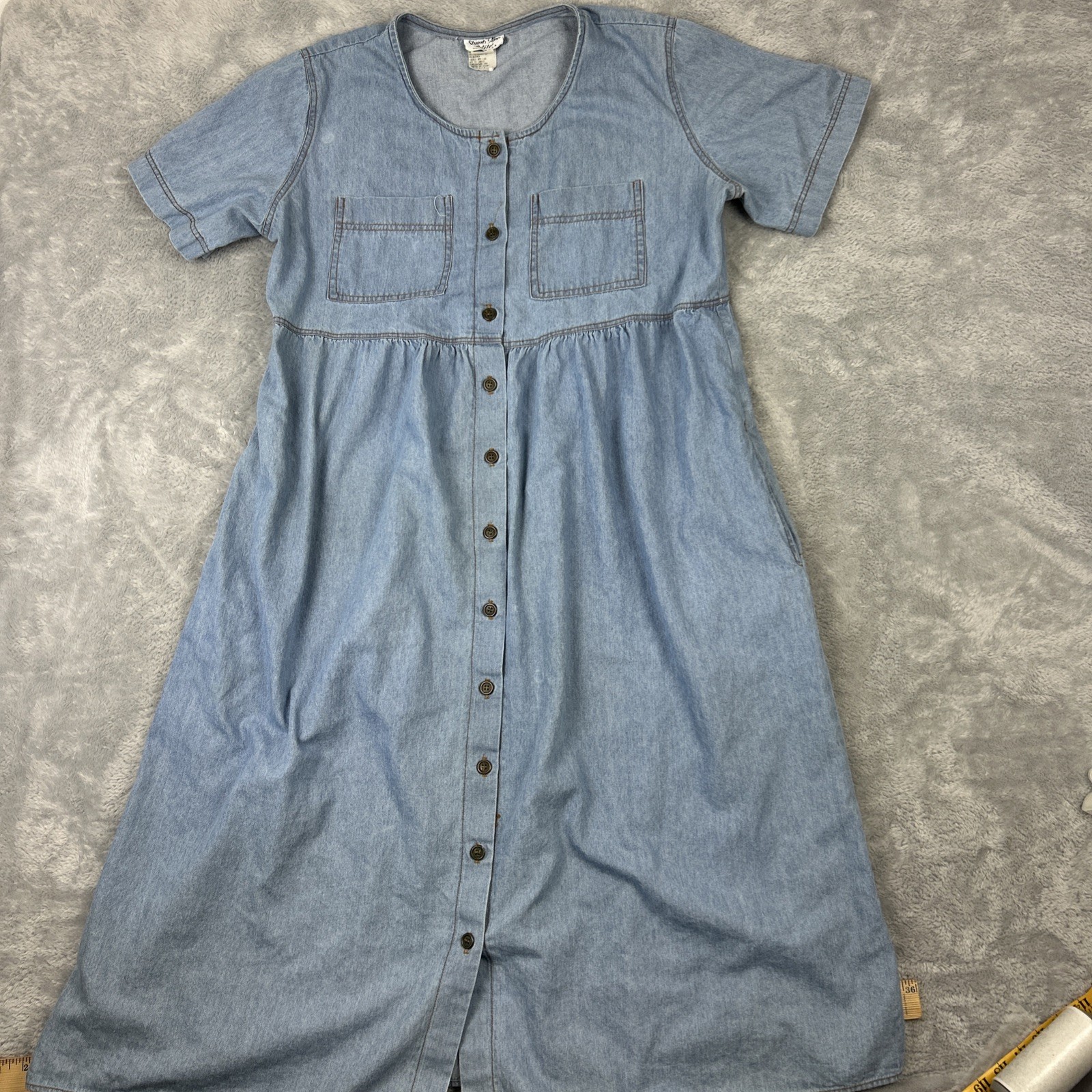 Vtg Stuart Alan Chambray Dress 14P Full Button Short Sleeve Pockets Prairie Boho