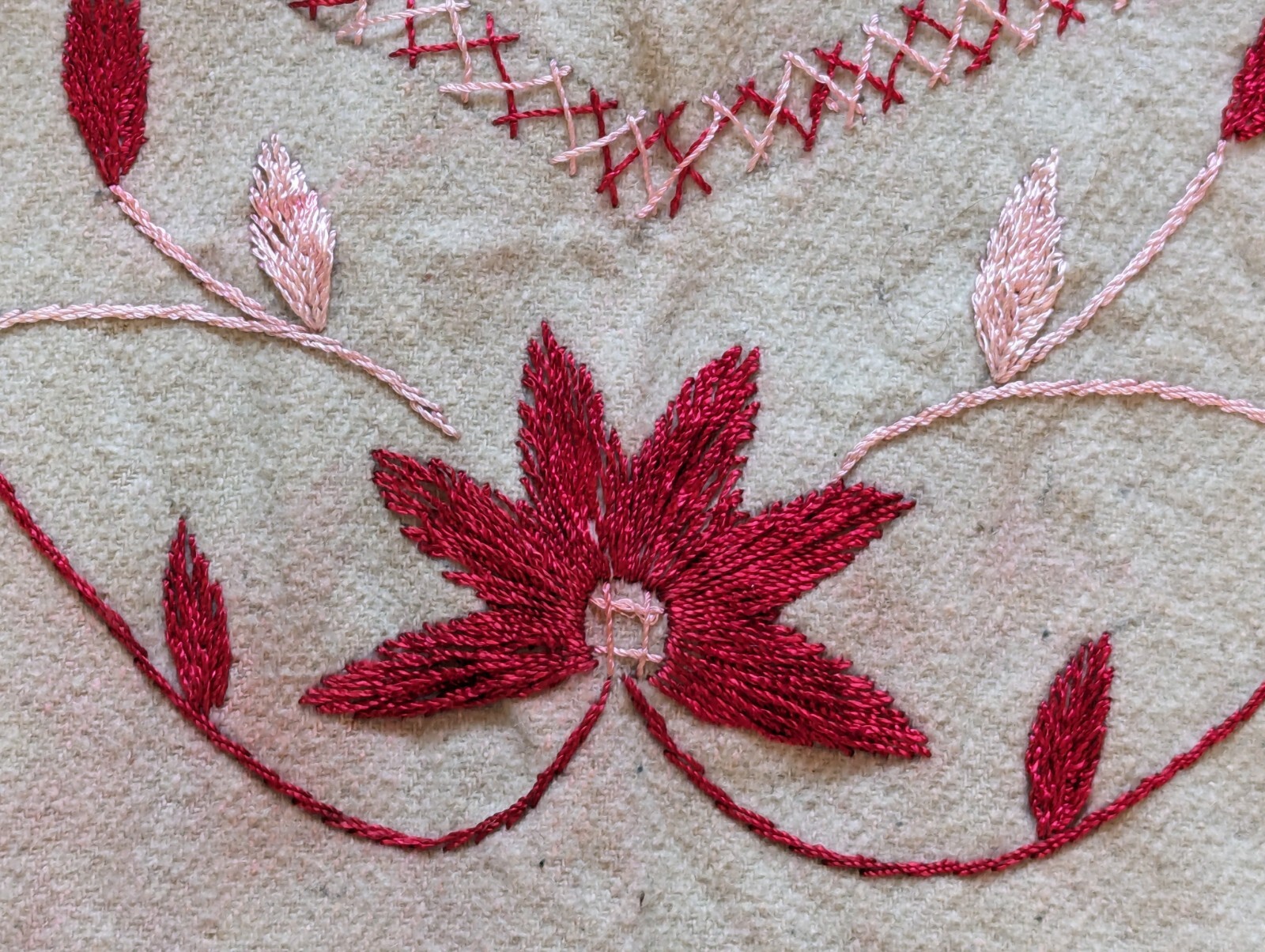 VTG Boho Chic Hippie Unbleached Wool Red Velvet Embroidered Fringe Poncho OOAK