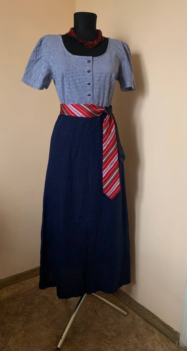 Vintage GOSSI Linen Maxi Dress Austrian Cottagecore Blue Gingham EU 40