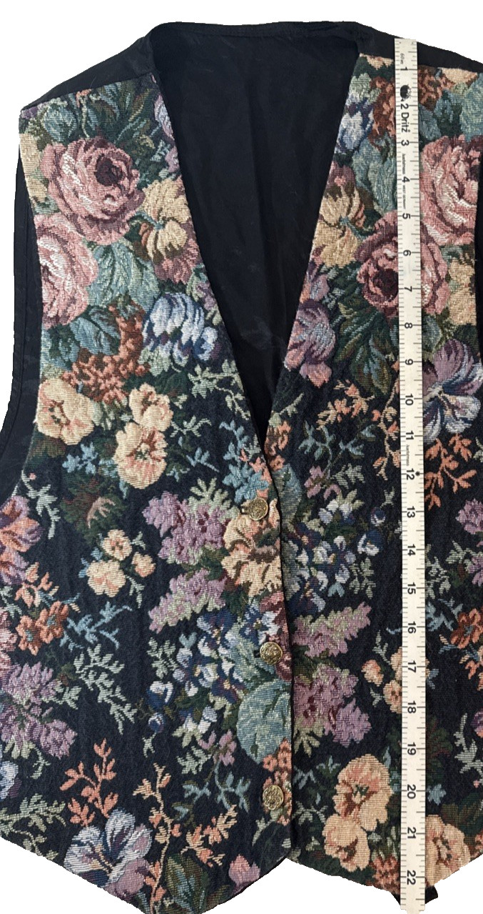 Vintage 90s Woven Floral Multicolor Vest with Black Back and Lining Size M
