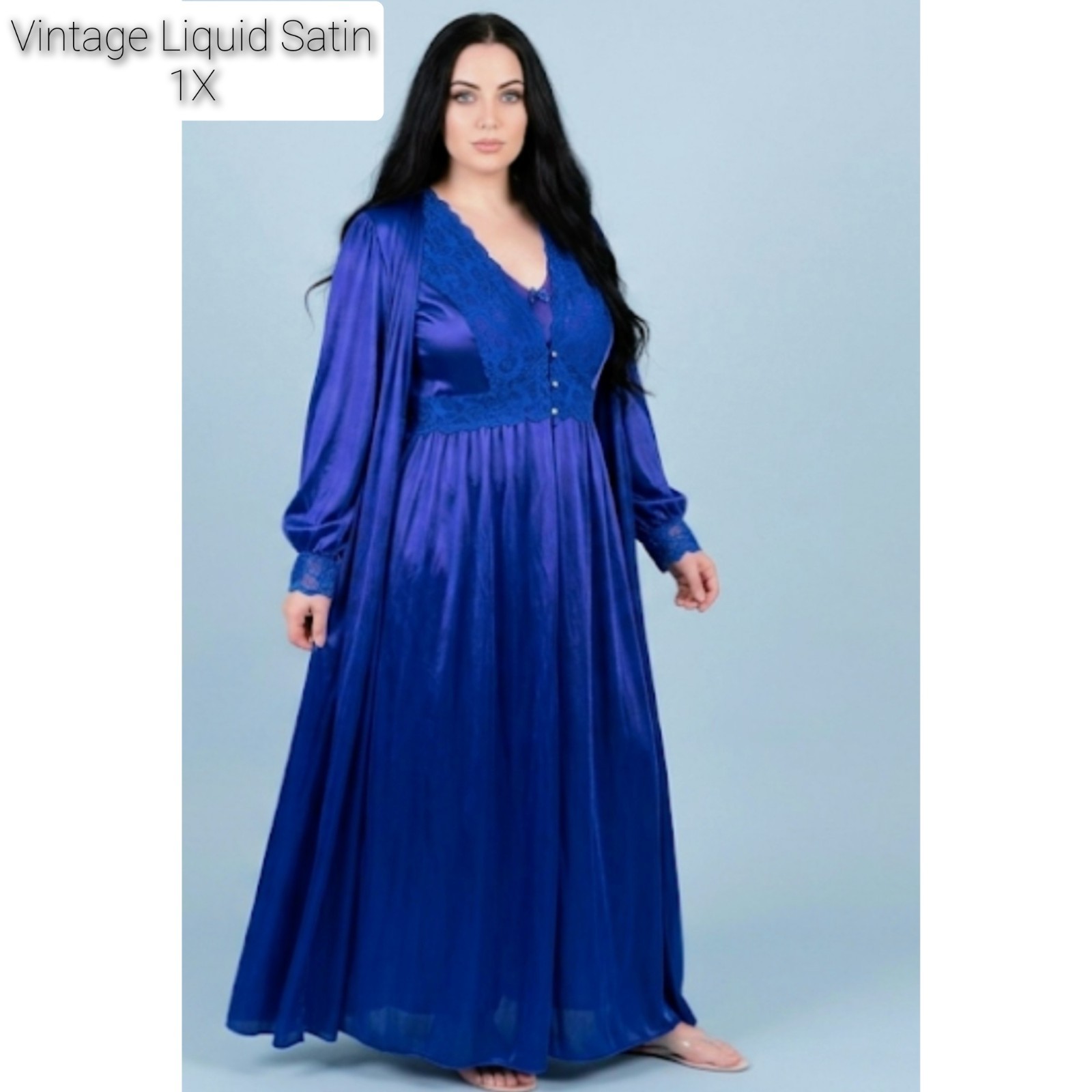 Stunning Vintage Shadowline 2-Piece Peignoir Set in rich Cobalt Royal Blue!
