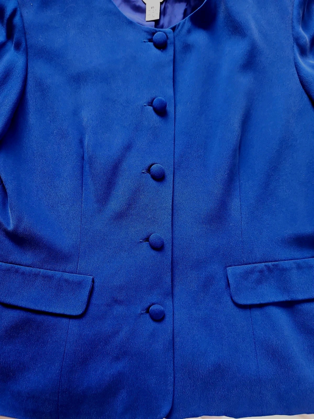 Talbots Petites Pure Silk Suit Jacket Career Cobalt Blue Covered Buttons Size 10