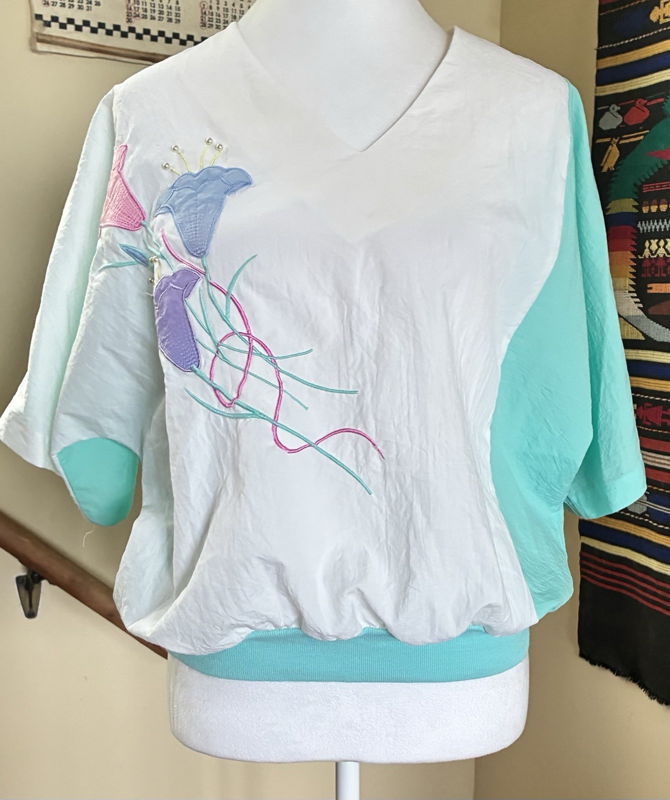 Vintage 80s Bonnie Blair Wind Breaker Grannycore Top Embroidered Blouse M