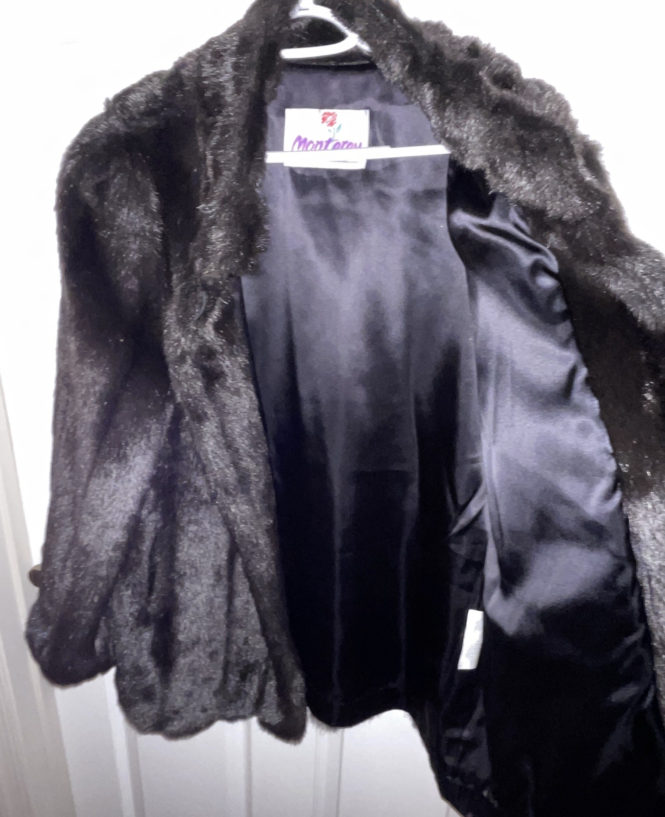 VTG Monterey Fashions Faux Fur Coat Womens 16 Black Plush Mid Length Made USA