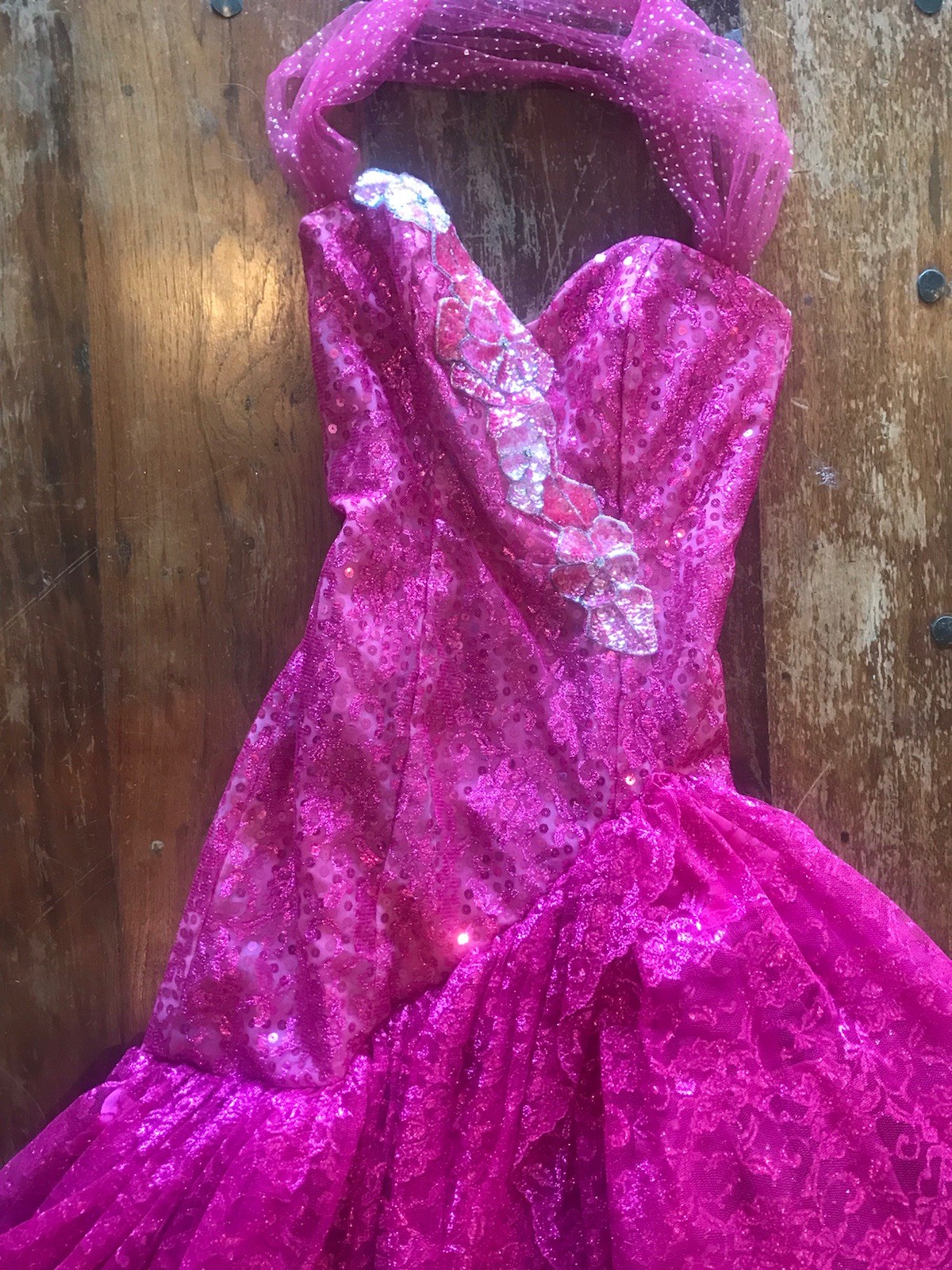 VTG 1991 Hot Pink Barbie Dress LORALIE slanted hem glitter sequin statement