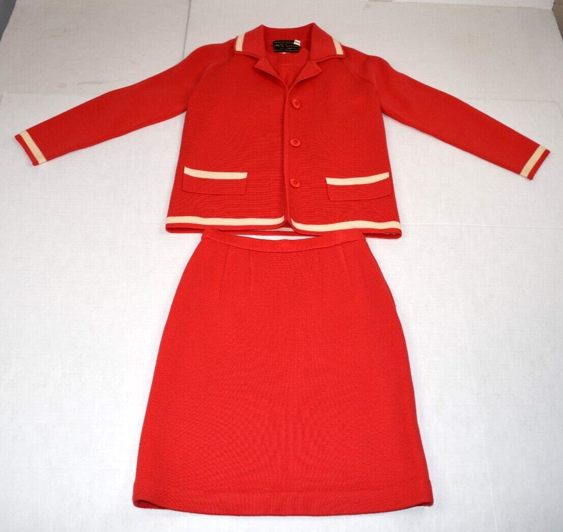 Vintage Sweater Top Skirt Set S/M 50s Tai Tung Orange Pink Lambs Wool 3 Piece