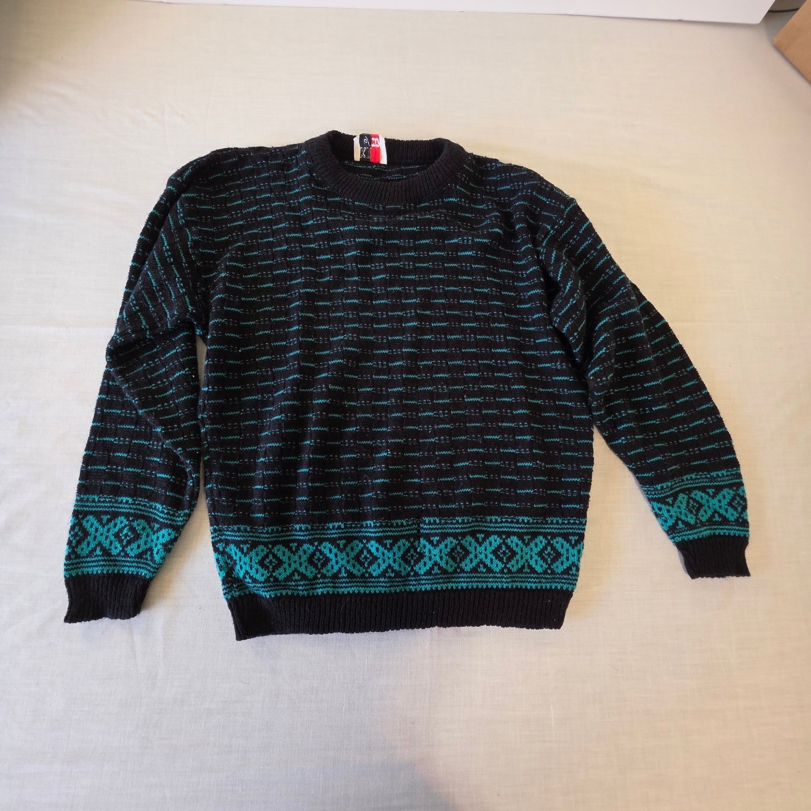 Vintage Crewneck Sweater Fair Isle Geometric Teal Black OS Retro 80s 90s