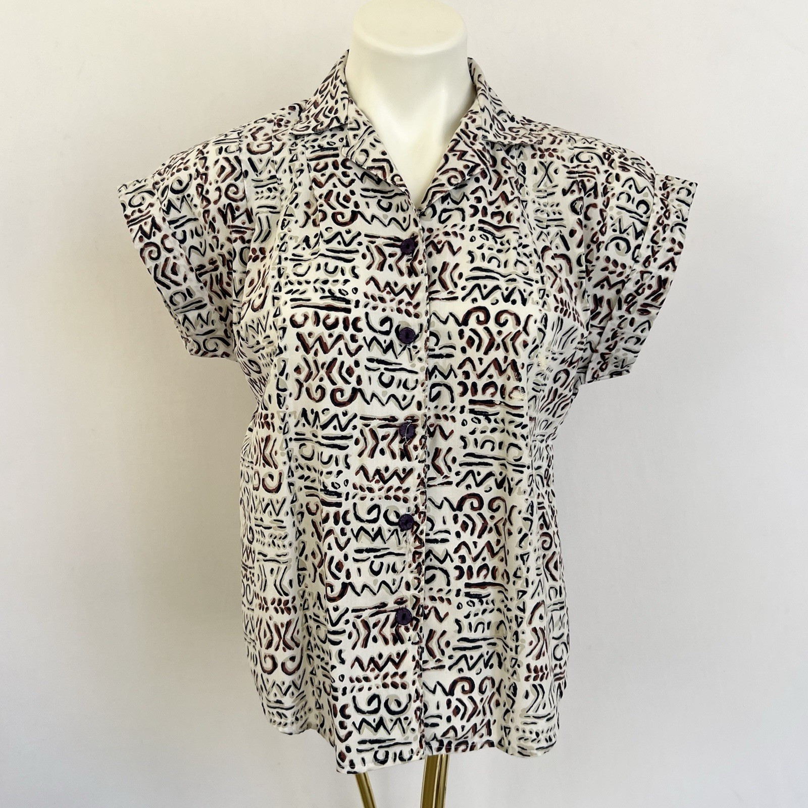 Vintage 80s Caliche Geometric Print Button Up Casual Shirt Sz S Bold Eclectic