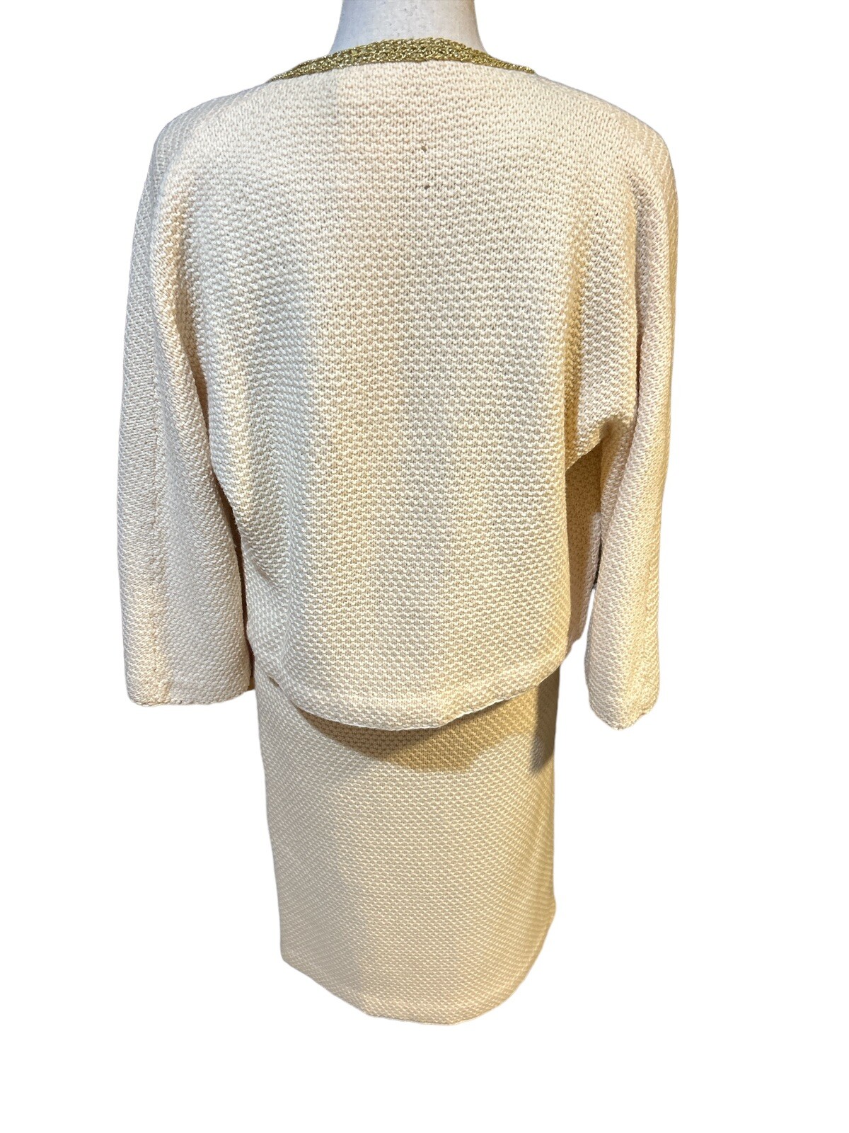 Vtg THE KNITTING NEEDLE Handmade Knit Sweater Set Cream/Gold Classy Designer