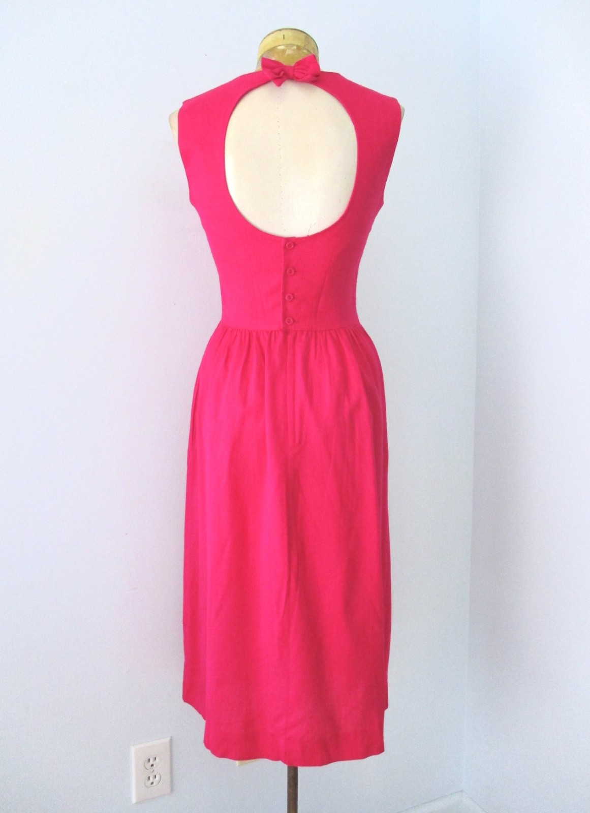 Vtg 80s Lanz Hot Fuchsia Pink Drop Waist Tea Dress Back Cutout Bow Pockets 6