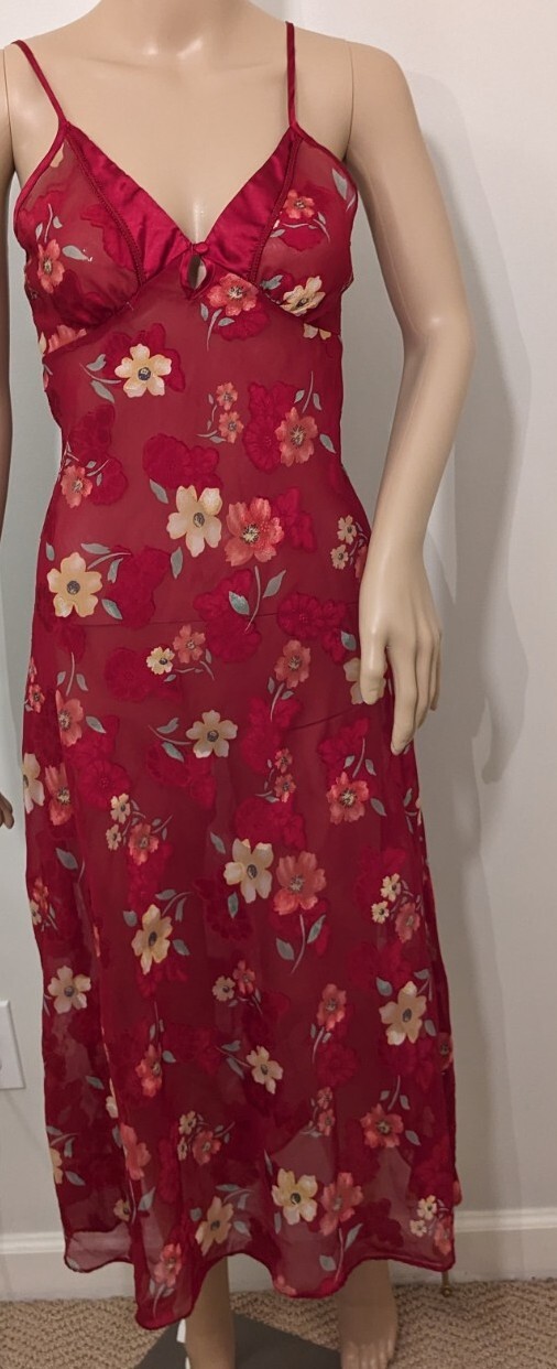 Sexy Secret Treasures Long Gown Sz M Deep Red Sheer Floral Burn Out Slip Dress