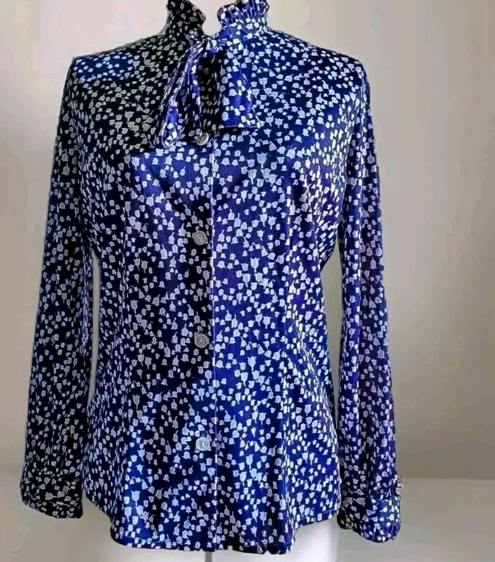 VTG 70s Jersey Blouse Dark Indigo Blue w Pussy Bow, Lady of the Valley Pattern S
