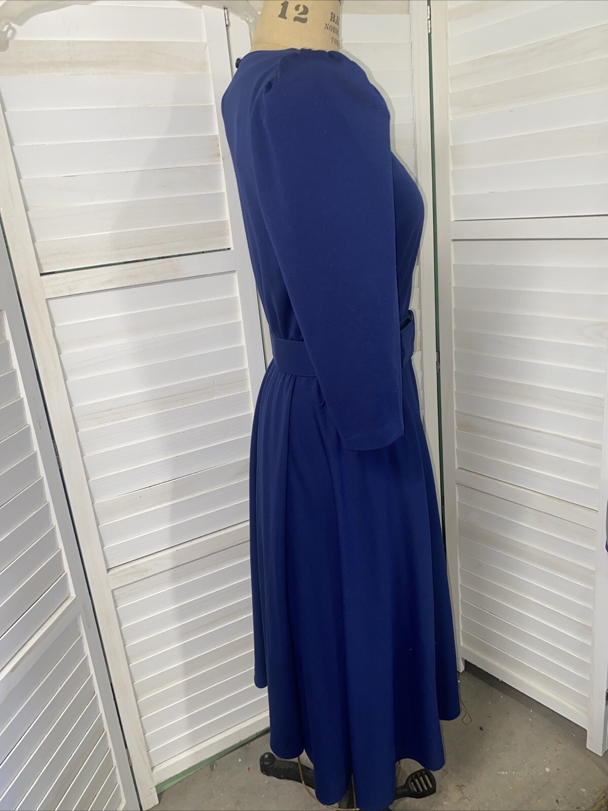Vtg 80s Whirlaway Frocks Navy 3/4 Sleeves Pleated Belted Fit & Flare Dress Sz 10