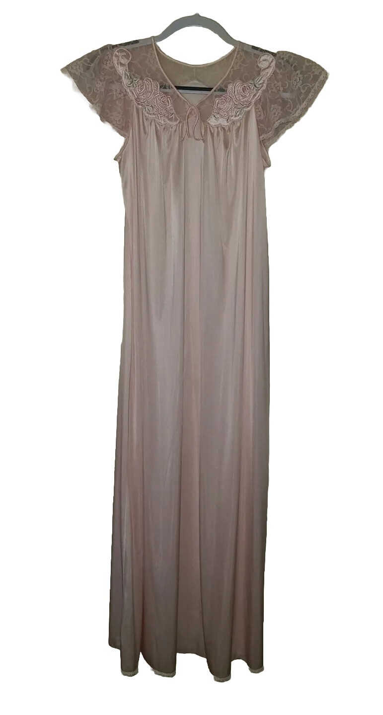 VTG Shadowline USA Lace Trimmed Pink Long Nightgown Flutter Sleeves Sz X-Small