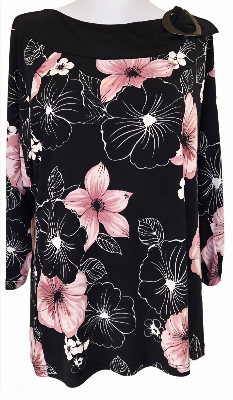 1990s OLIVIA PAIGE Black And Pink Poly Spandex Floral Blouse Shoulder Buckle 1X
