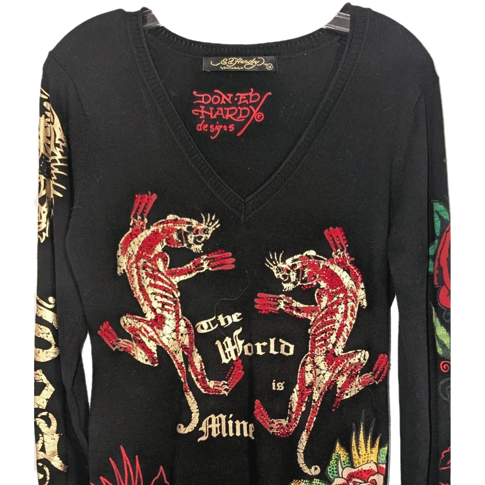 Vtg Ed Hardy Christian Audigier Bodycon Blingy Sweater Dress Y2K Panther Med A+!