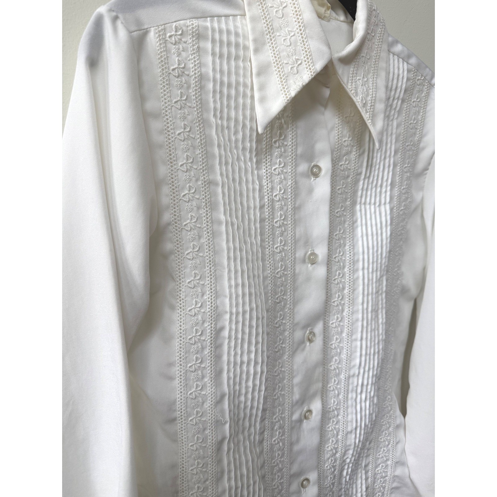 Vintage Terry Chicago Womens Western Blouse White Embroidered Pintuck Bows Sz S