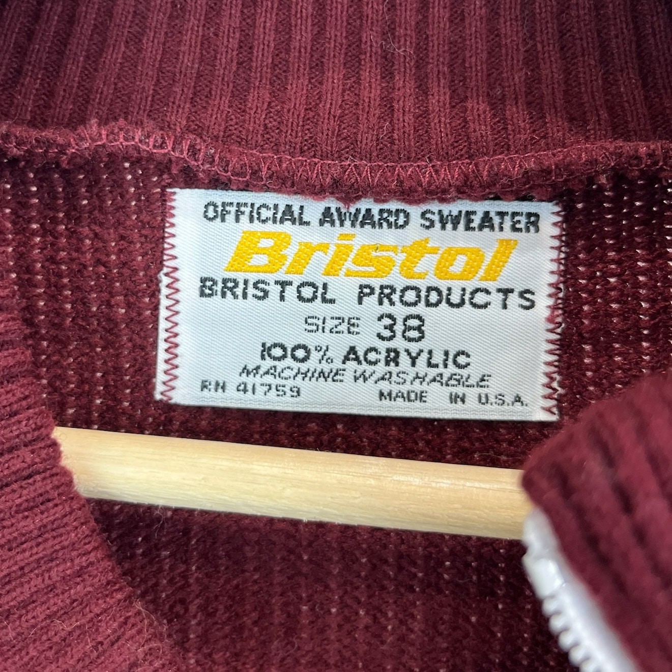 BRISTOL 38 M Vintage Official Award Sweater Prep Bulldogs Zip Neck Maroon White