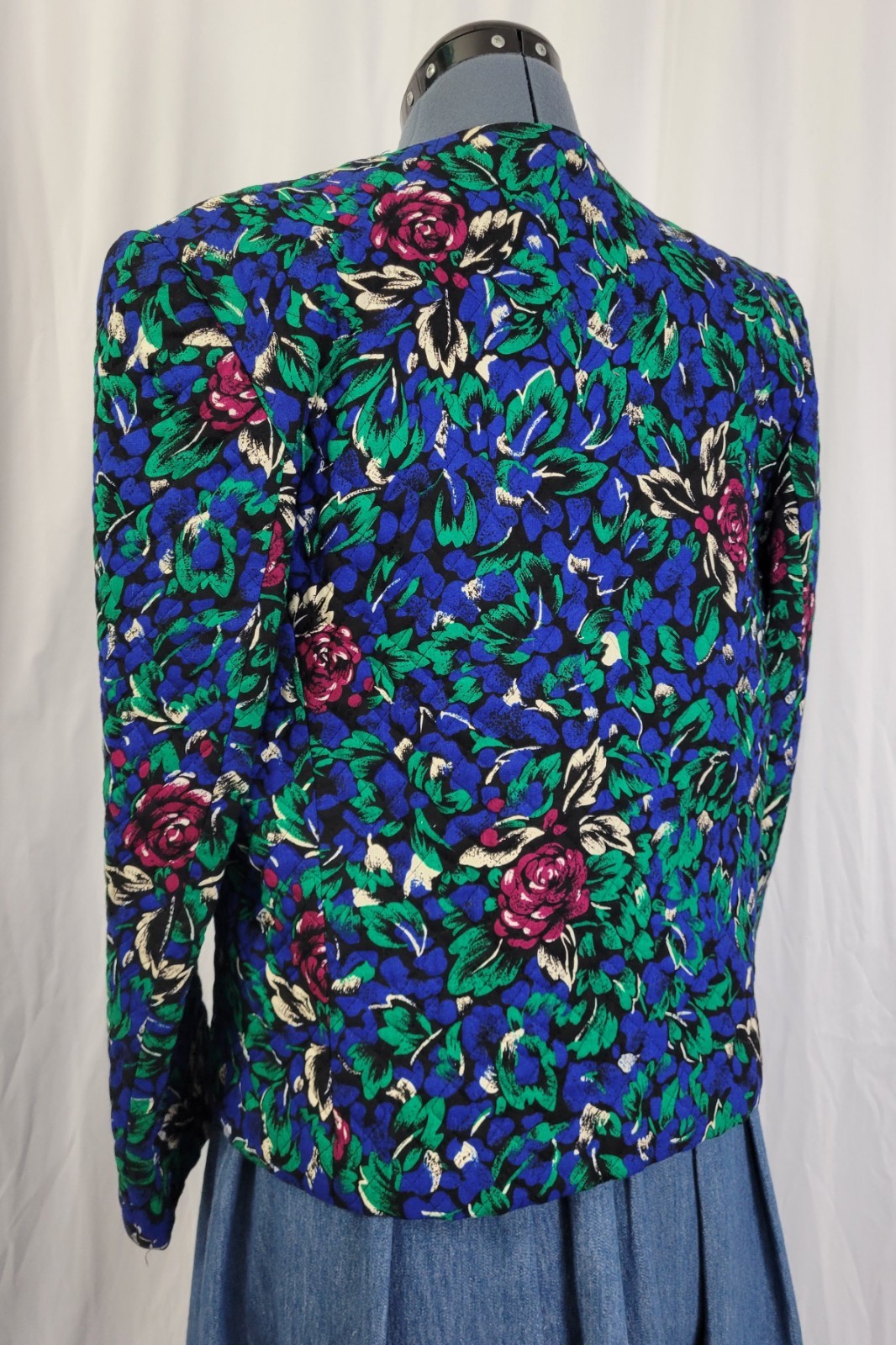 Vtg Stephen Douglas Ltd Blue & Green w Purple Flowers Quilted Jacket Size 14