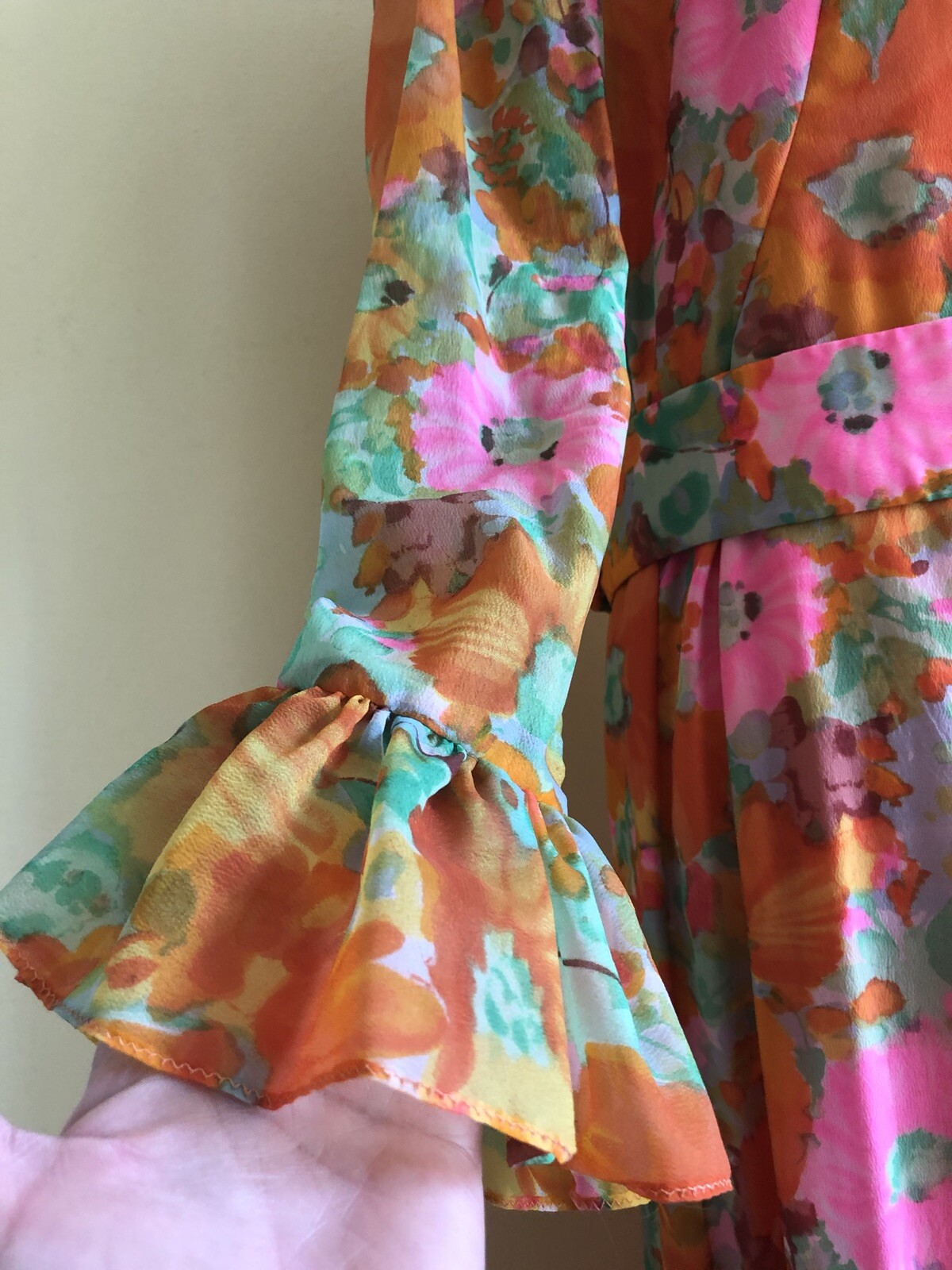 Vintage 70s Psychedelic Bright Pink Orange Floral Long Hippie Dress Sz Sm-Medium