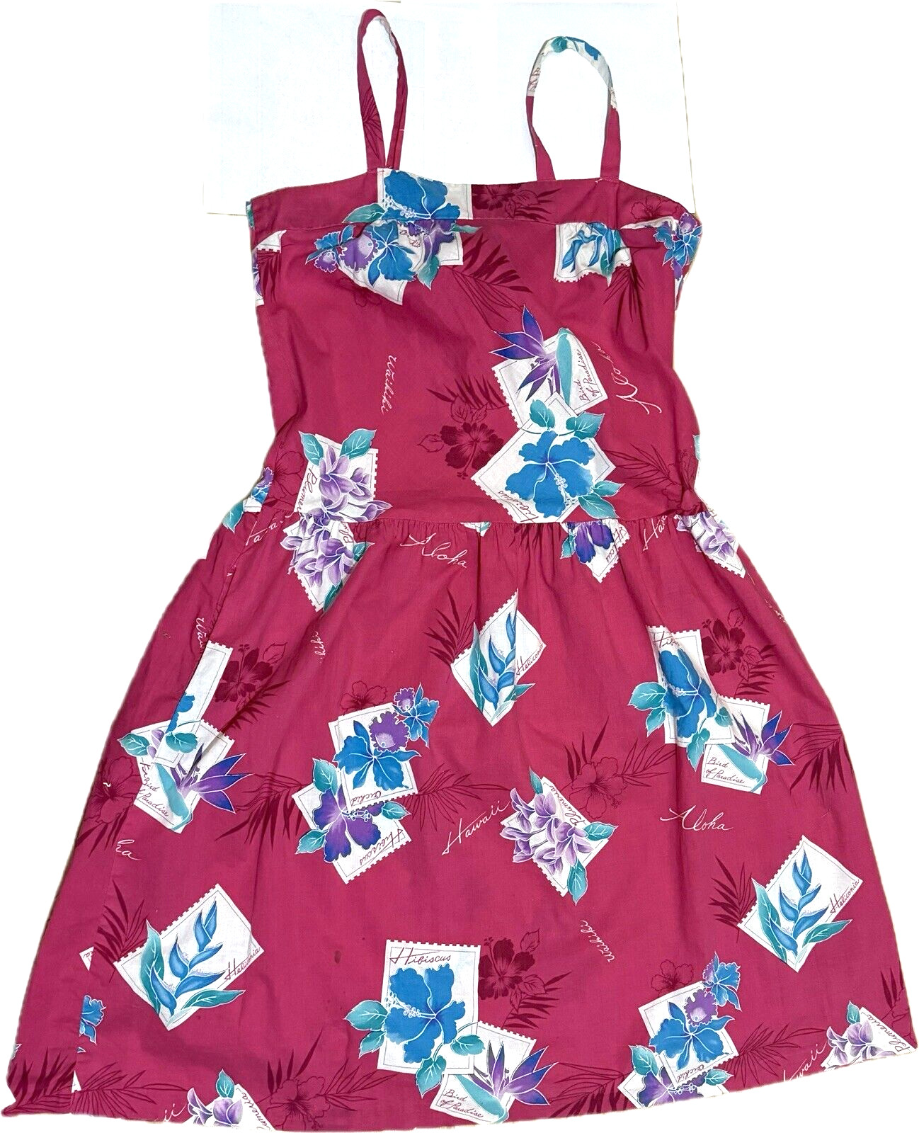 Vtg 80s Hawaiian Tank Midi Pink Dress M Tropical Cotton Floral Sleeveless Retro