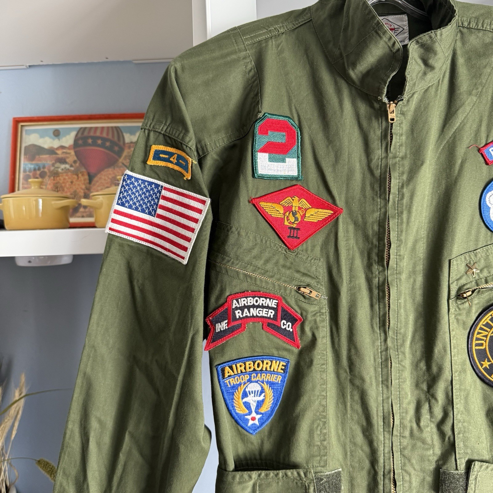Vtg 70’s Chemin de fer Cotton Replica Flight Suit Jumpsuit Navy Patch Green M