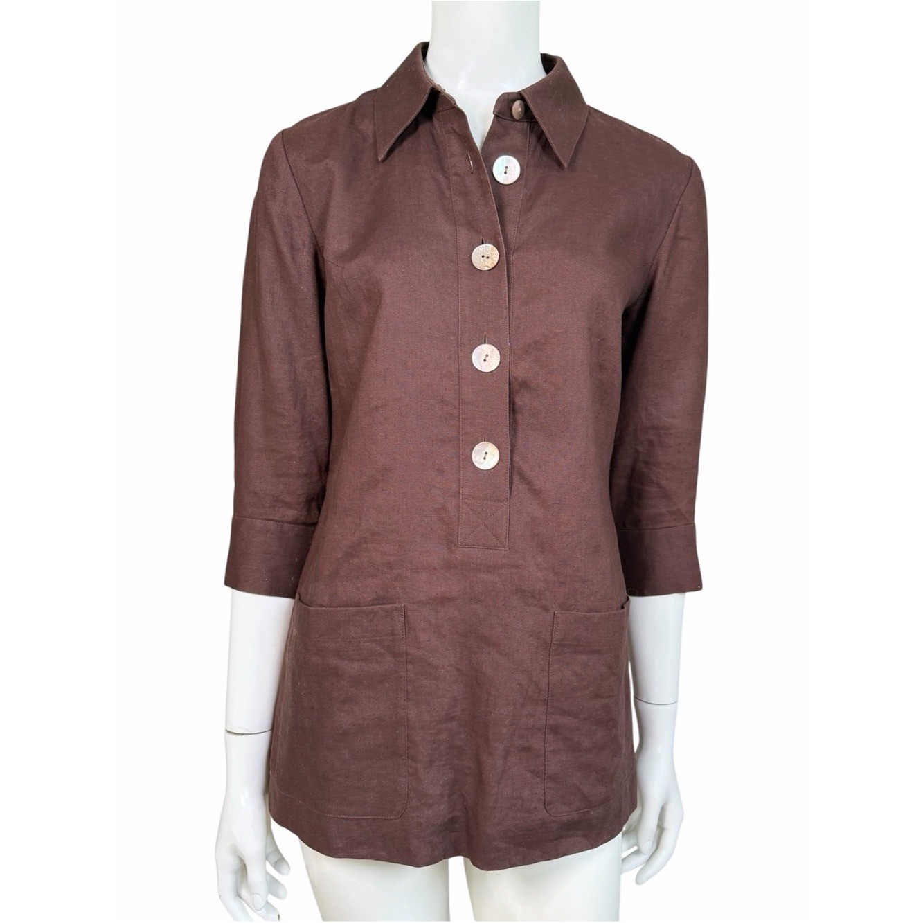 DKNY Linen Tunic Blouse Womens 2 Brown Vintage Lagenlook Long Top Pockets