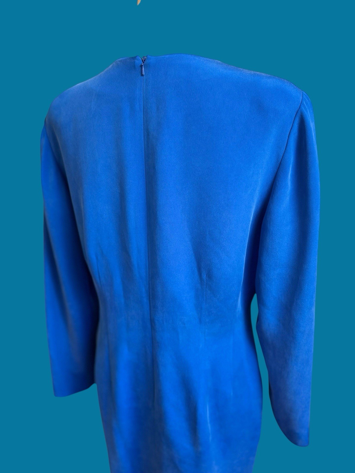 Vintage Patrick Petite Blue Silk Dress 12 80s 90s Power Shoulder Cocktail Mini