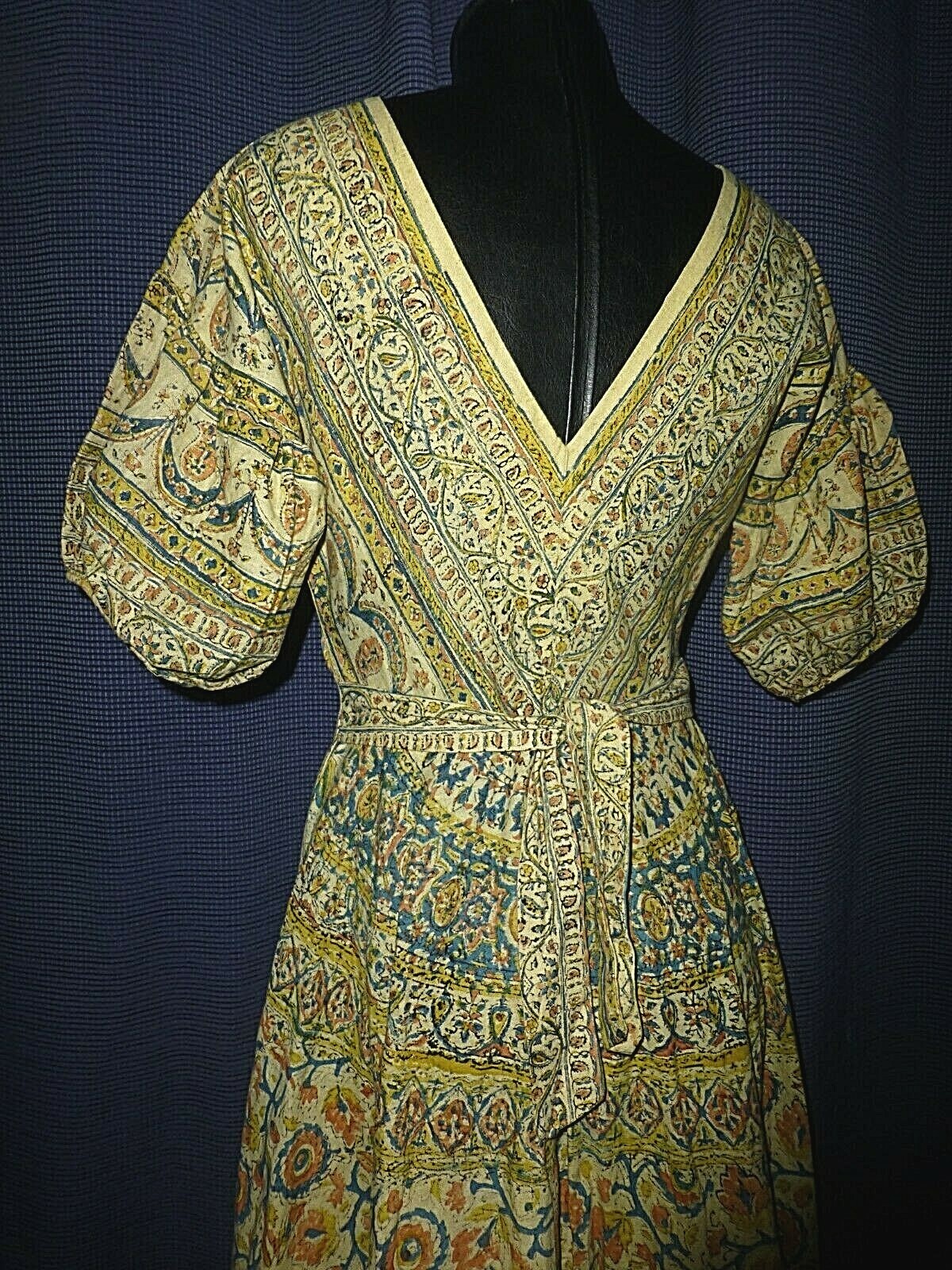 Vtg 50s INDIA Block Print Cotton Ethnic Hippie Boho Gypsy Full Skirt maxi Dress