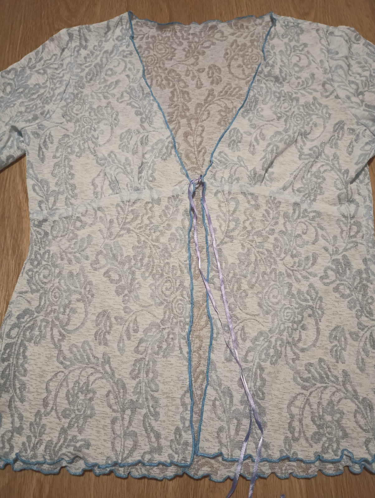 Vtg 70s Sheer Powder Blue Burnout Silver Metallic Open Jacket Cardigan Top M