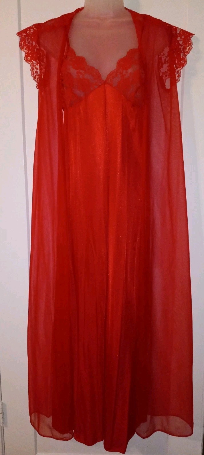 Vintage 80s Taryn Alexander Red Lace Nylon Nightgown Peignoir Lingerie Set M EUC