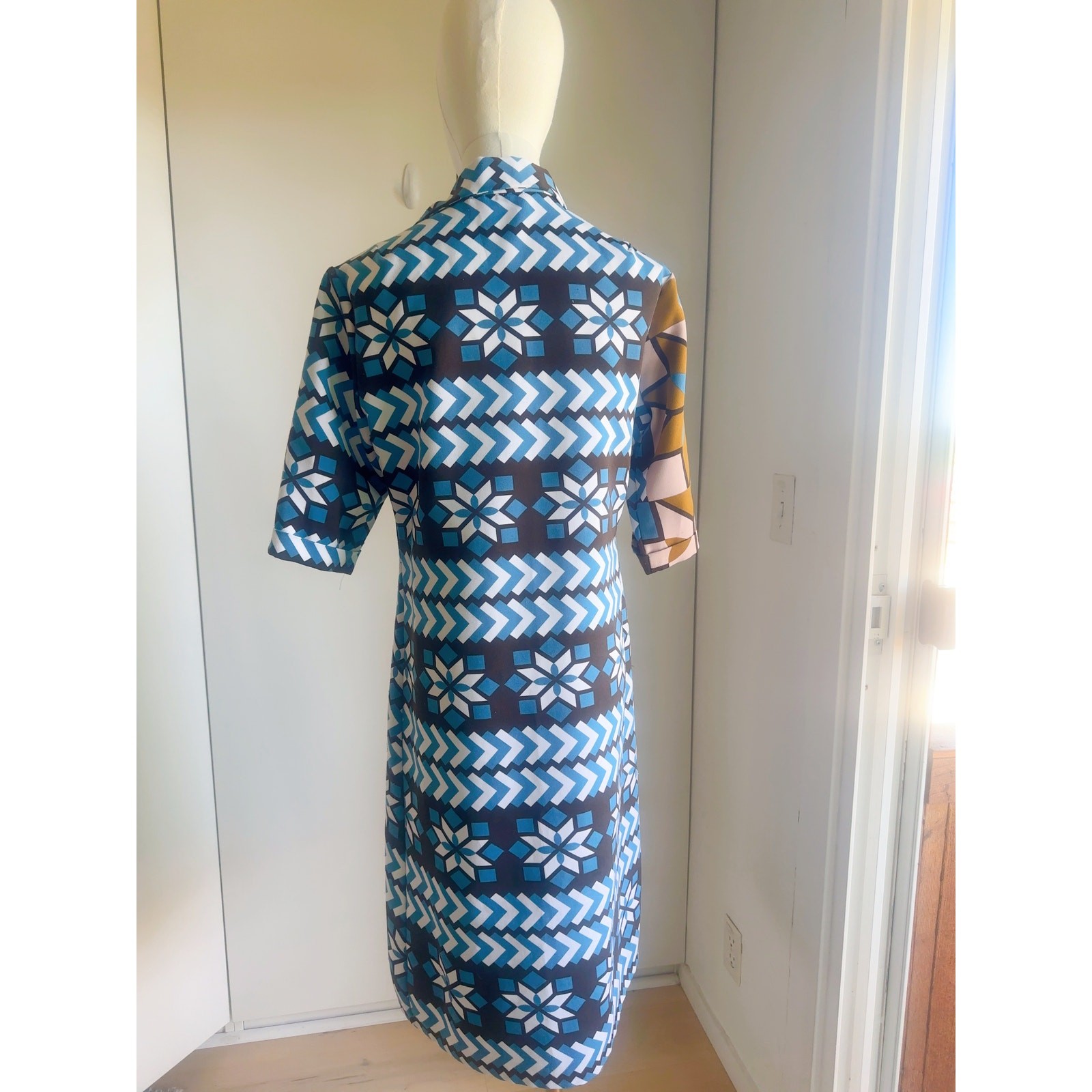 Vtg 70s LANVIN Paris OP Art MOD Dagger Collar Shirt Dress Sz M 8-10 Fit